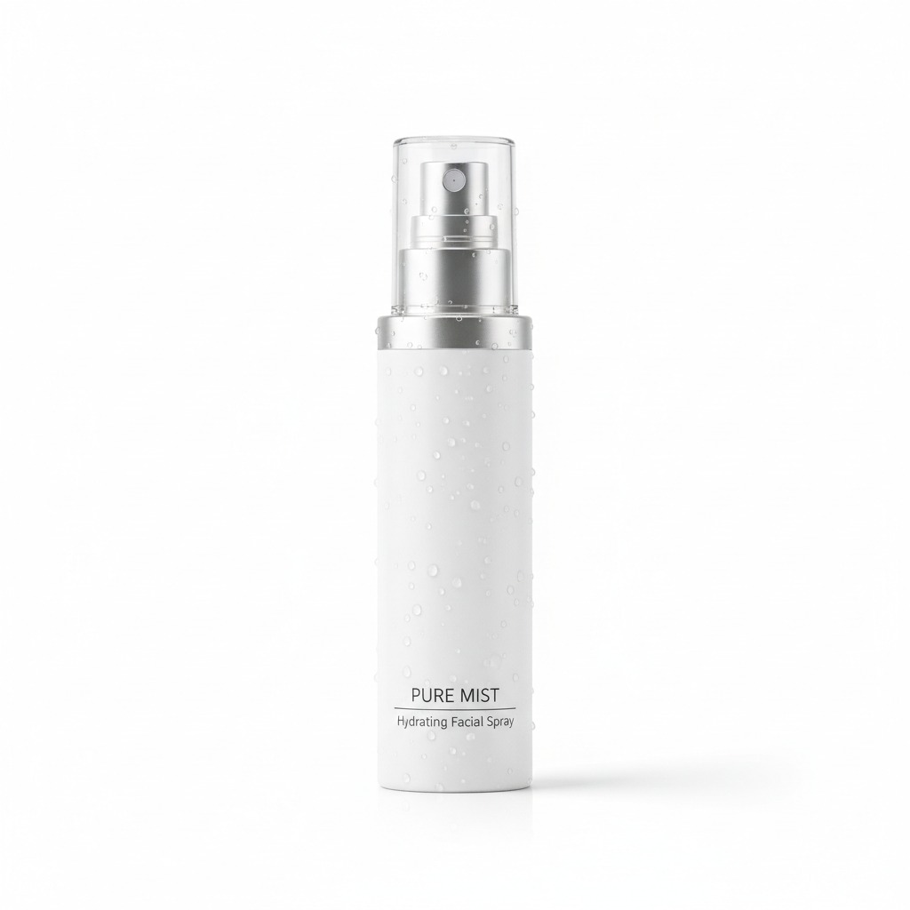 A tall white bottle of Pure Mist hydrating facial spray with water droplets on its surface sits against a white background.
